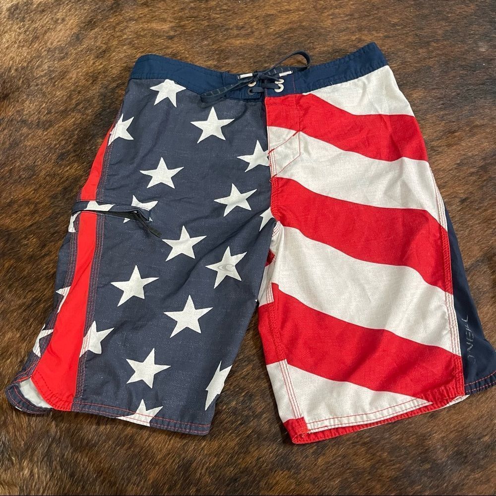 O’Neill Superfreak Patriotic Red White Blue Boardshorts Swim Trunks Amer…